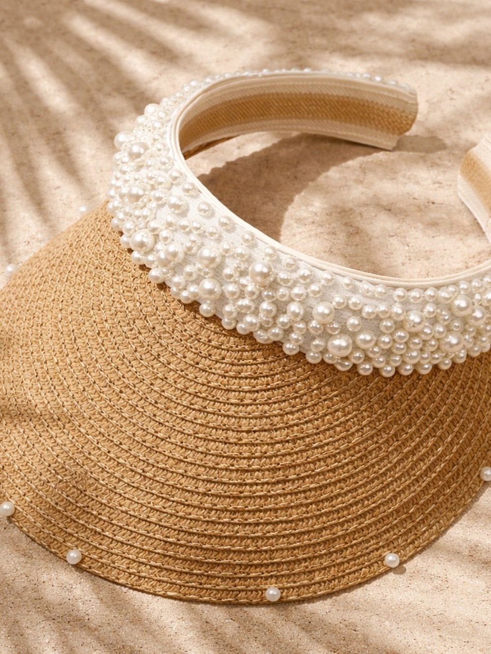 Straw Visor With Pearl Headband Kakhi One Size